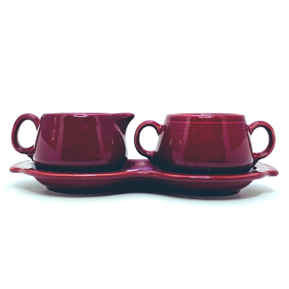 Fiestaware HLC USA Burgundy Red Maroon Cream & Sugar w/Figure 8 Tray, no lid